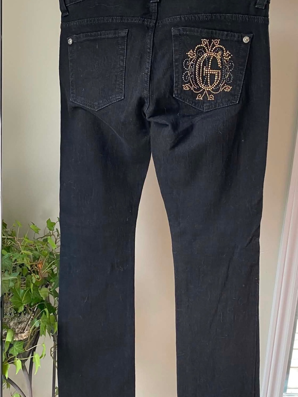 Guess Black Straight-Leg Jeans with Gold Rhinestone Logo